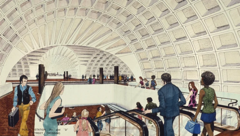 Detailed artwork depicting the interior of a Metro station, showcasing an escalator area with various passengers, including a man in a suit and a woman carrying a briefcase. The station features a distinctive, geometric ceiling design and an inviting atmosphere. Ideal for celebrating the 50th anniversary of the Washington DC Metro system.