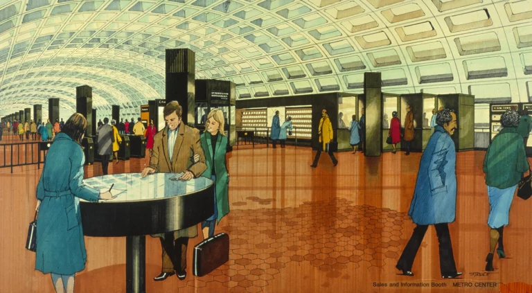 Interior view of a Metro station featuring a sales and information booth. Passengers in various outfits are seen checking schedules and interacting with the booth. The unique architectural design with its iconic panelled ceiling and warm color palette creates a vibrant atmosphere, celebrating the 50th anniversary of the Metro system.