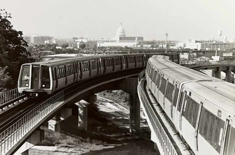 A black and white photo of a Washington DC Metro train curving on an elevated track, with the U.S. Capitol building visible in the background, showcasing the significance of the Metro system's 50th anniversary.
