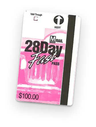A pink Metro 28-Day Fast Pass with a $100 value, featuring the Metro logo and a graphic design of a bus, celebrating the 50th anniversary of the Washington DC Metro system.