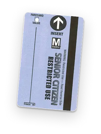 A Washington DC Metro senior citizen fare card, featuring blue color, the words "SENIOR CITIZEN" and "RESTRICTED USE," and an arrow indicating where to insert. The card emphasizes heritage with a note about restricted use and includes a section to trade in.