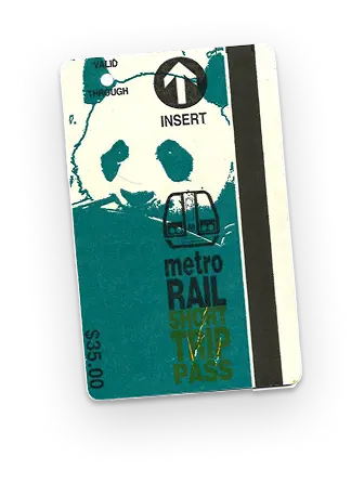 A Washington DC Metro short trip pass featuring a panda design, priced at $3.50, with an insert slot and the Metro logo at the top.