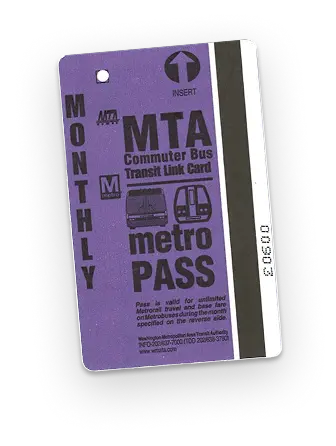 A purple Metro pass displaying "MONTHLY MTA Commuter Bus Transit Link Card" with images of buses and trains, highlighting public transit in Washington DC.