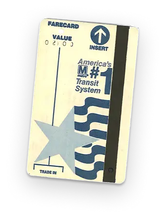 A vintage Metro farecard featuring a blue design with a star, the text "America's #1 Transit System," and the Washington, D.C. flag motif. The card is marked with a value of 0.00 and instructions to insert it. This item represents the 50th anniversary of the Metro system in the D.C. region.