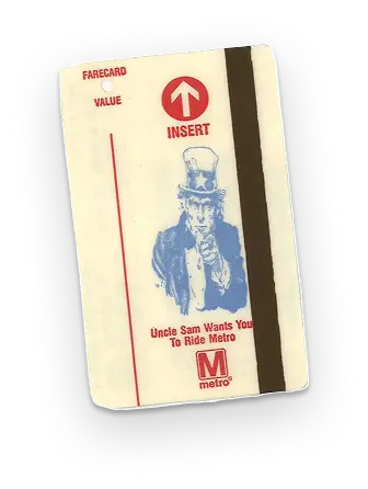 A vintage Metro farecard featuring a graphic of Uncle Sam urging riders to use the Metro, with a prominent "INSERT" directive and Metro logo. The farecard highlights the 50th anniversary theme, showcasing a nostalgic design element tied to Washington DC's transportation history.