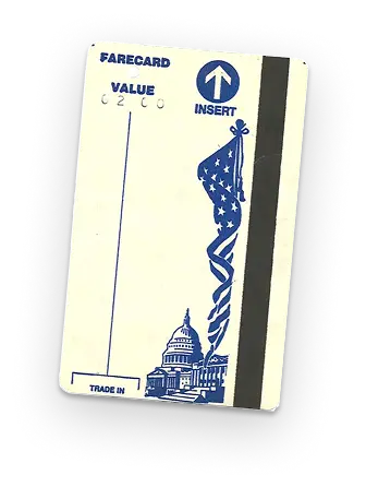 Farecard designed for the Washington DC Metro system, featuring an illustration of the US Capitol and an American flag, celebrating the system's 50th anniversary. The card shows an area for value input and has a vertical black stripe with instructions to insert.