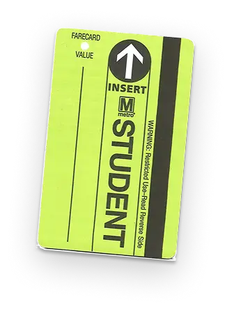 A bright yellow Metro student fare card featuring the word "STUDENT," an upward arrow, and instructions to insert the card, with additional text indicating restricted use on the reverse side, celebrating the 50th anniversary of the Washington DC Metro system.