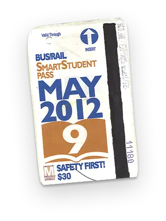 A worn bus and rail student pass from May 2012, featuring the text "SMART STUDENT PASS," a price of $30, and the note "SAFETY FIRST!" The card has a prominent "9" and is marked for valid use through a designated date, symbolizing public transit usage in the Washington DC Metro area during its 50th anniversary.