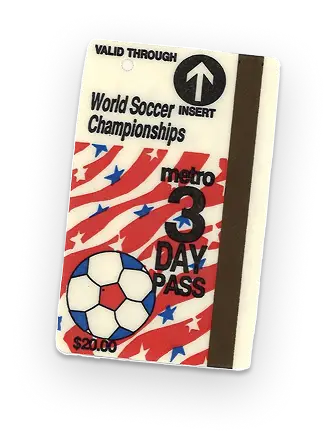 A vintage Metro 3-day pass featuring a soccer-themed design with a soccer ball and patriotic red, white, and blue colors, commemorating the World Soccer Championships. The pass includes text indicating its validity and price of $21.00.