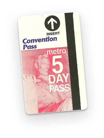 A vintage Metro Convention Pass featuring a graphic of a seated figure, prominently displaying "Metro 5 DAY PASS" in bold pink text and an arrow under the word "INSERT." The design highlights the 50th anniversary of the Washington DC Metro system.