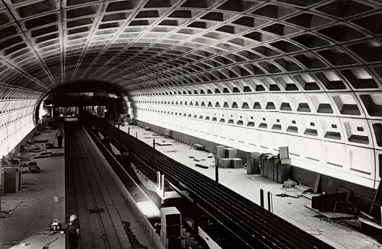 A black and white photo of an empty Washington DC Metro station under construction, featuring distinct vaulted ceilings, unfinished tracks, and scattered construction materials, highlighting the architectural design and early development of the Metro system.