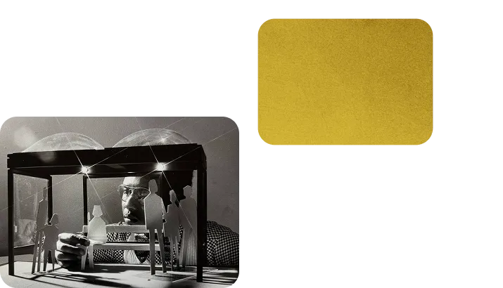 A black and white photo features a person creating a model of a Metro station, with translucent domes overhead and silhouettes of figures. A golden rectangular panel is visible alongside the scene, likely representing a celebratory element for the Metro's 50th anniversary in the Washington DC region.