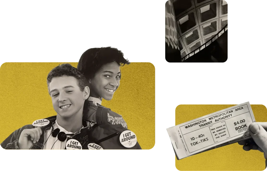 Two smiling young people wearing retro jackets with buttons reading "I GET AROUND," set against a yellow background. Nearby, an old-fashioned Metro ticket showing "$4.00" and details about fares, along with a close-up of a tiled Metro station ceiling. The overall theme celebrates the 50th anniversary of the Washington DC Metro system.