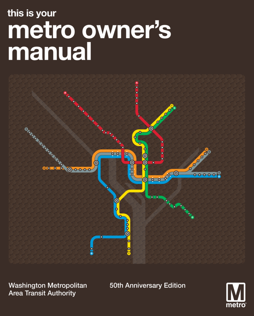 Metro owner's manual cover featuring a colorful transit map with line designs in various colors; highlights the 50th Anniversary of the Washington Metropolitan Area Transit Authority. The background is brown, and the text includes "this is your metro owner's manual" and "50th Anniversary Edition."