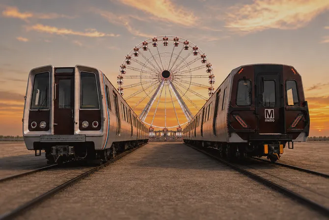 Two Washington DC Metro trains, one older model and one modern, are positioned on parallel tracks under a vibrant sunset. In the background, a large Ferris wheel stands against the colorful sky, highlighting a festive atmosphere that celebrates the Metro system's 50th anniversary.