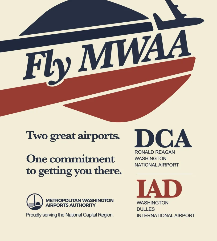 A vintage-style advertisement promoting the Metropolitan Washington Airports Authority, highlighting Ronald Reagan Washington National Airport (DCA) and Washington Dulles International Airport (IAD) with the tagline "Two great airports. One commitment to getting you there."