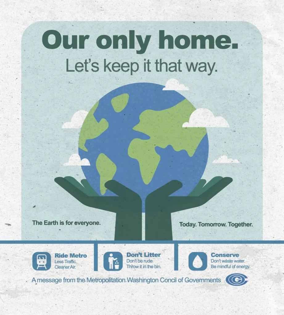 A graphic promoting environmental conservation with a stylized globe held by hands, featuring the text "Our only home. Let’s keep it that way," and tips to ride Metro, avoid littering, and conserve water and energy. The design includes logos from the Metropolitan Washington Council of Governments.