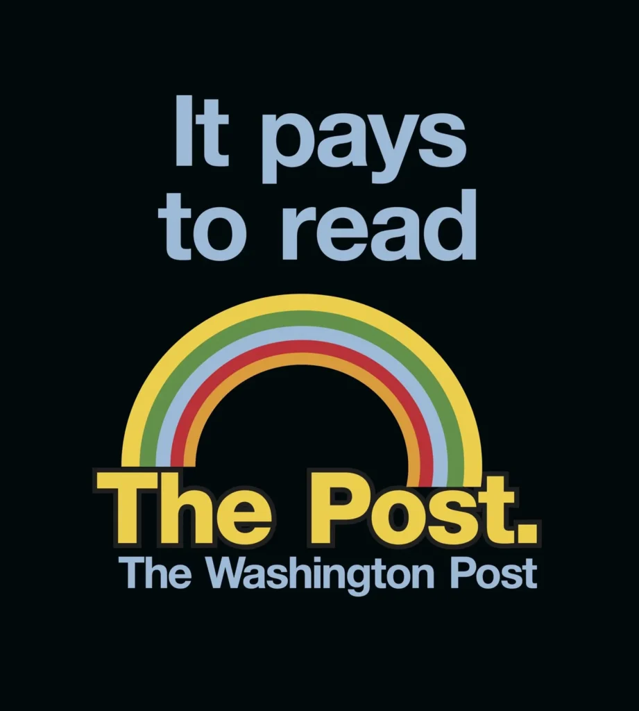A promotional graphic featuring the text "It pays to read The Post" above a colorful rainbow arch, with the words "The Washington Post" in bold below. The design includes a dark background, emphasizing the bright colors of the rainbow and the message about the publication.