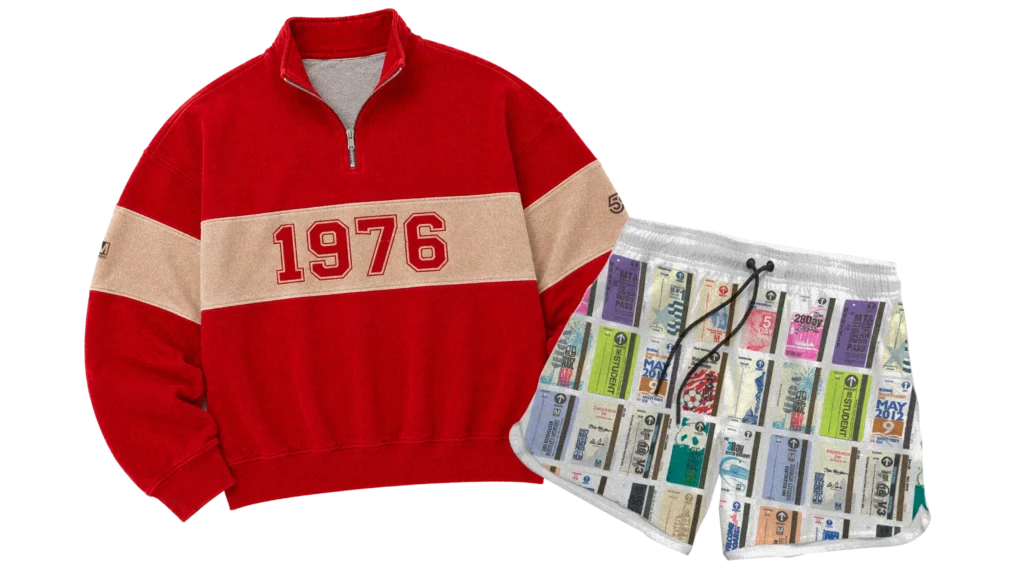 A red quarter-zip sweatshirt with "1976" emblazoned on the front, paired with white shorts featuring a colorful, patterned design of metro ticket replicas, celebrating the 50th anniversary of the Washington DC Metro system.