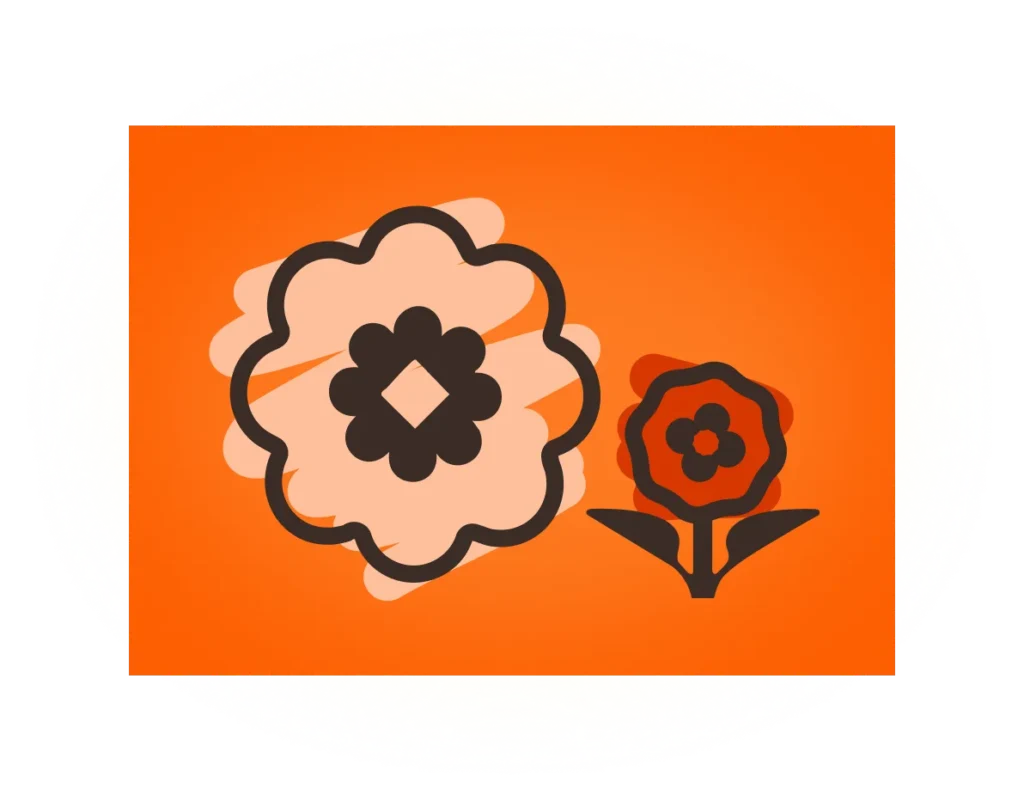 Two stylized flowers are featured on an orange background, with the larger flower displaying a pink petal design and a dark center, while the smaller flower has a simplified shape with a red outline and green stem. This graphic could symbolize growth and celebration for the Metro system's 50th anniversary.