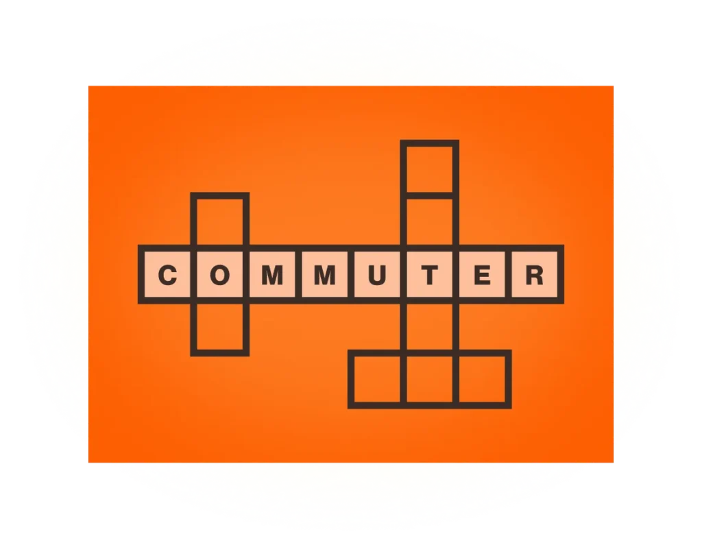 A crossword puzzle with the word "COMMUTER" prominently displayed in black letters against an orange background, celebrating the 50th anniversary of the Washington DC Metro system.