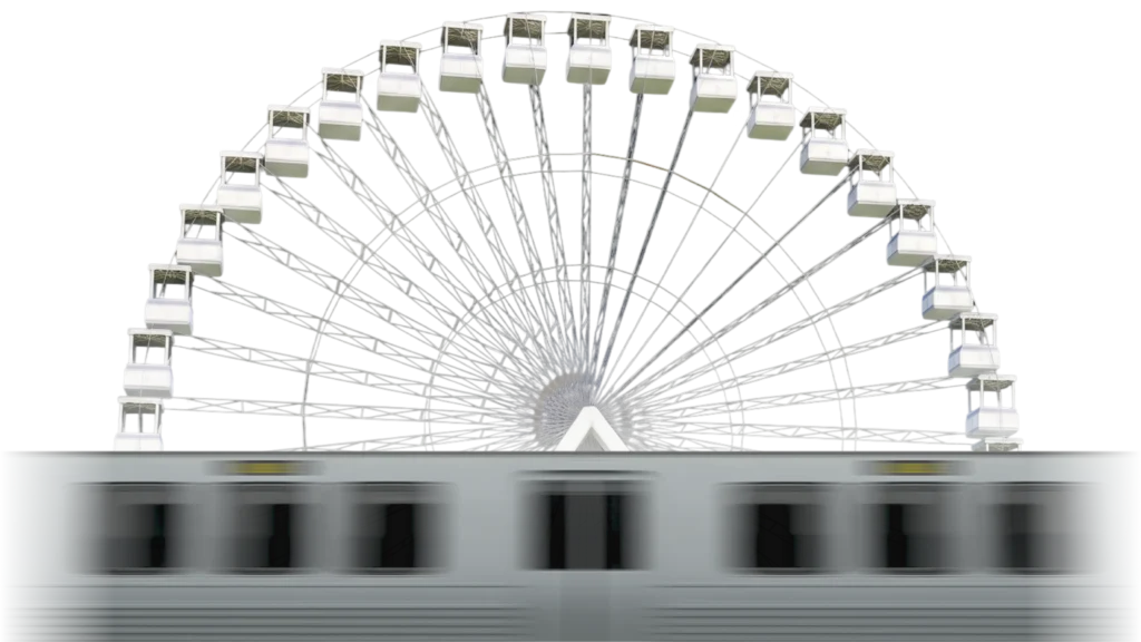 A blurred Washington DC Metro train moves in the foreground, while a large, colorful Ferris wheel spins in the background, symbolizing excitement and progress, celebrating the Metro's 50th anniversary.
