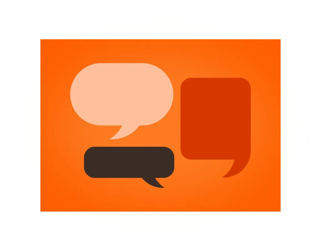 Three speech bubbles in varying colors—light peach, dark gray, and a rich red—against a vibrant orange background, symbolizing communication and conversation in celebration of the Washington DC Metro's 50th anniversary.