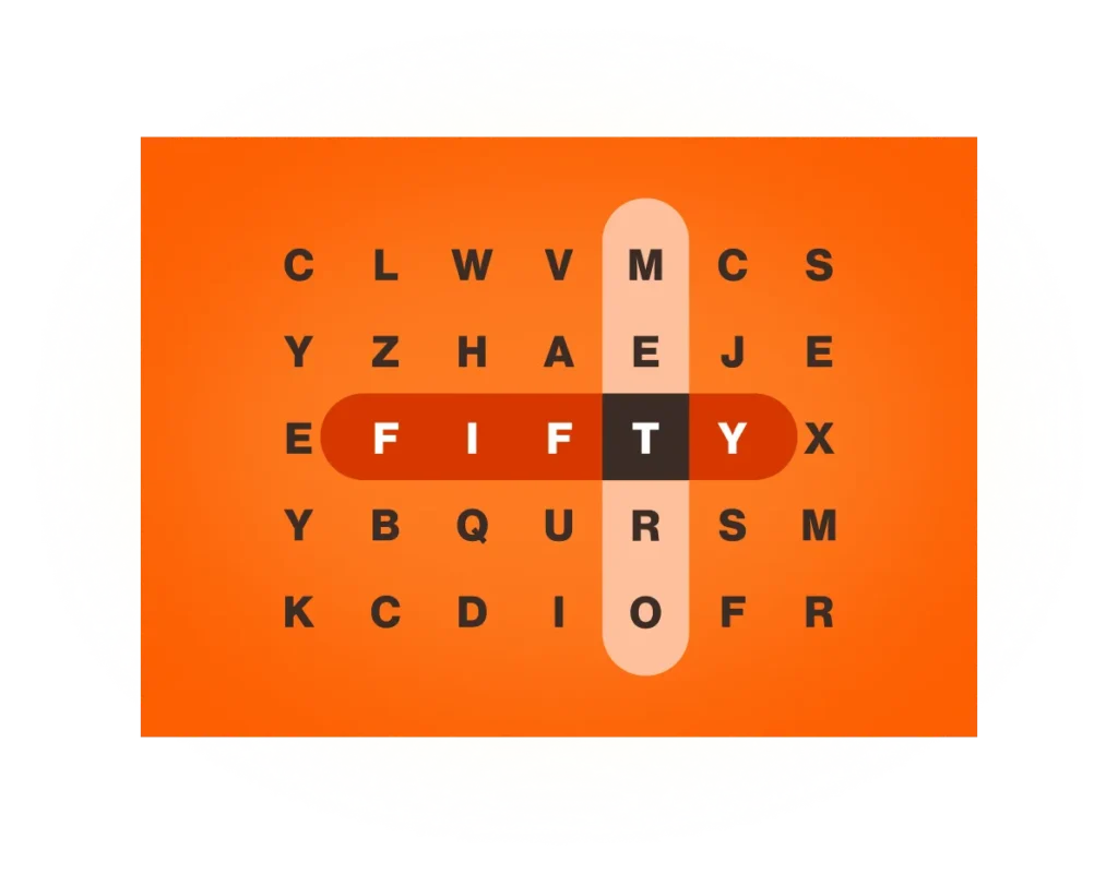 A word search featuring the word "FIFTY" prominently displayed among various letters, set against a vibrant orange background, celebrating the 50th anniversary of the Metro system in the Washington DC region.